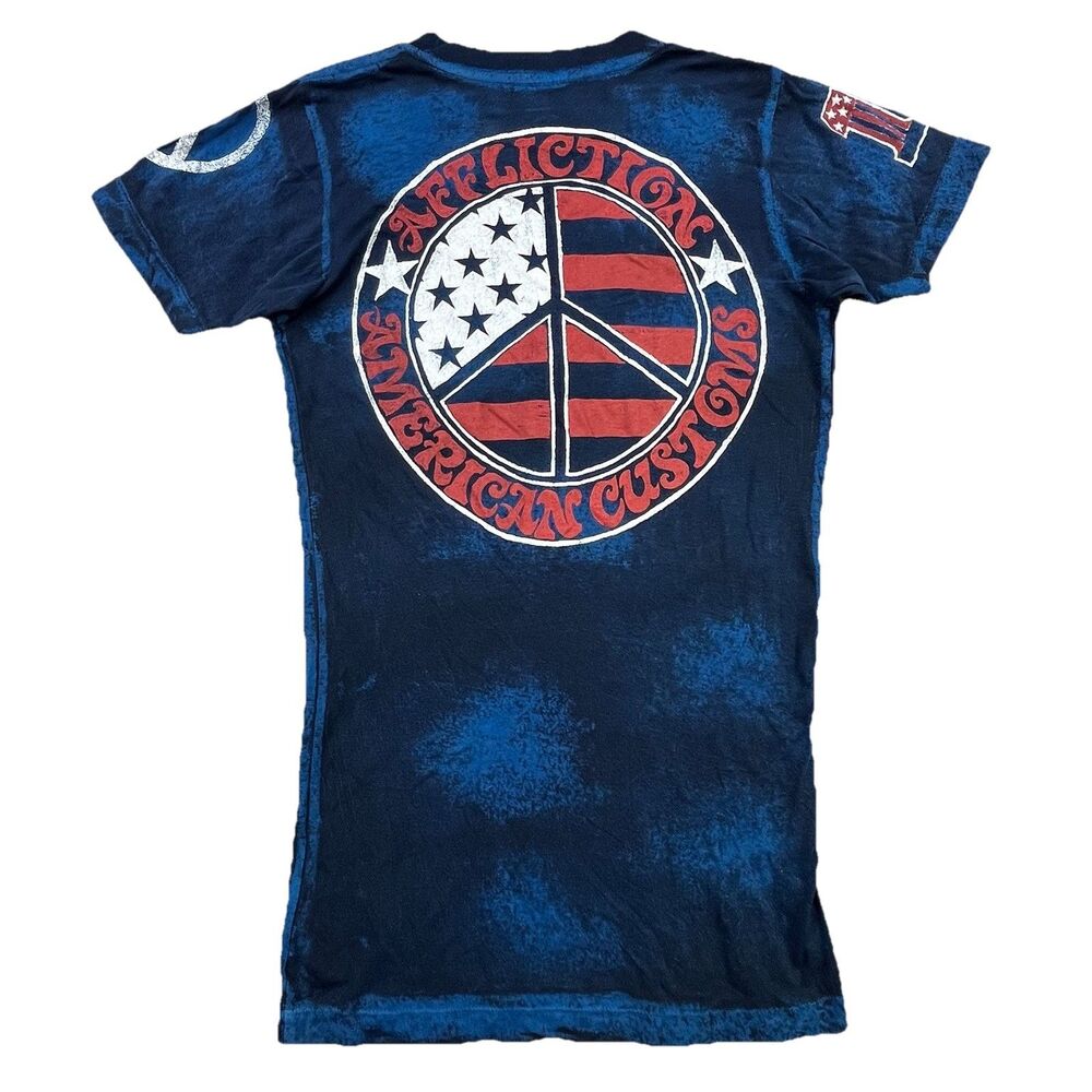 Affliction T-Shirt Womens XS Blue V-Neck American Customs Peace Flag Biker - Picture 2 of 11